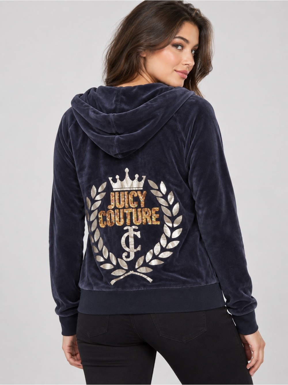 Juicy Couture Navy Velour Sequin Logo Full Zip Hoodie Women Large Y2K Crown